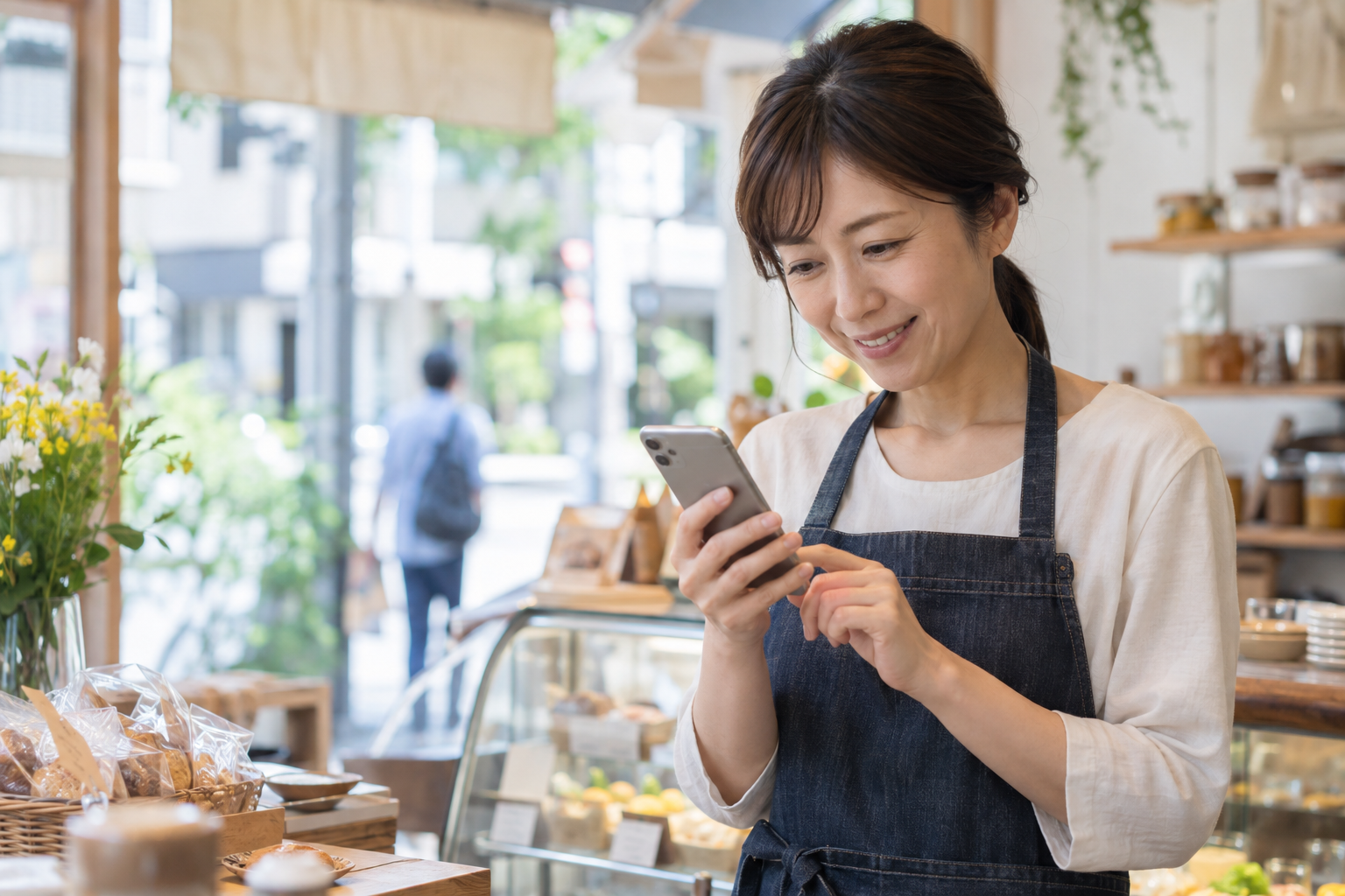 地域のお店でスマートフォンの記事を読む店主