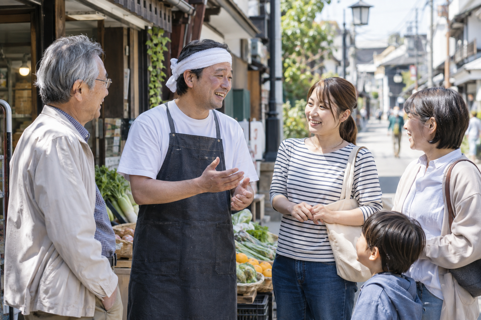 地域の商店主と住民がまちの話題について笑顔で話す様子